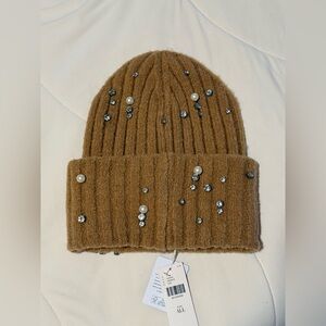 Anthropology Tan Beanie with Pearl and Rhinestone Accents